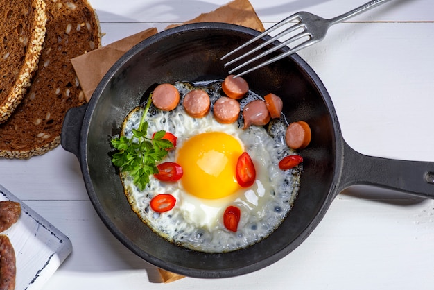 Photo chicken egg with sausage slices in a round black cast-iron frying pan a