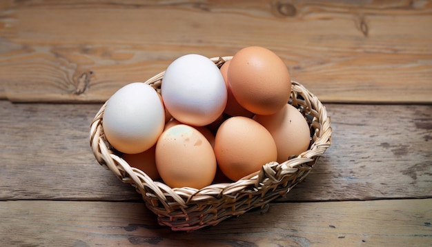 Chicken eggs in a basket On A Wooden Table genertive ai