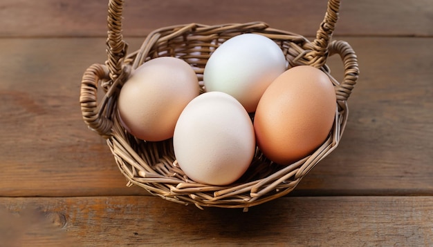 Chicken eggs in a basket On A Wooden Table genertive ai