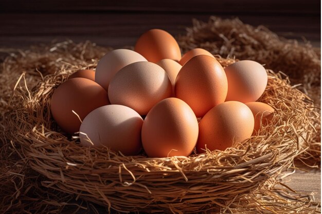 Chicken eggs in a basket on a wooden table Selective focus