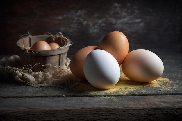 식탁에 있는 닭고기 달걀 갈색과 흰색 달걀 식탁에 있는 조리법에서 밀가루와 밀과 함께 사용할 준비가 된 달걀 케이크 준비와 다양한 조리법에 사용되는 달걀의 종류