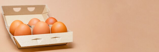 Chicken eggs in a cardboard box, space for text, wide format. Brown background.