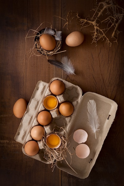 Chicken eggs flat lay still life rustic with food stylish