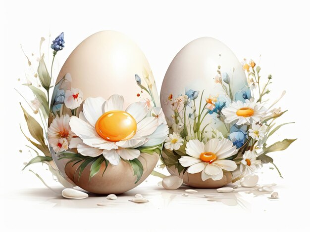 Chicken eggs flowers plants with watercolor Easter