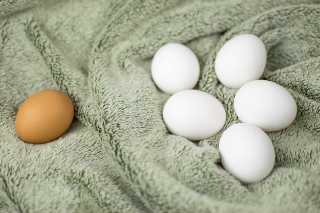 Photo chicken eggs of a gray tissue surface one is brown the others are white concept not like everyone else