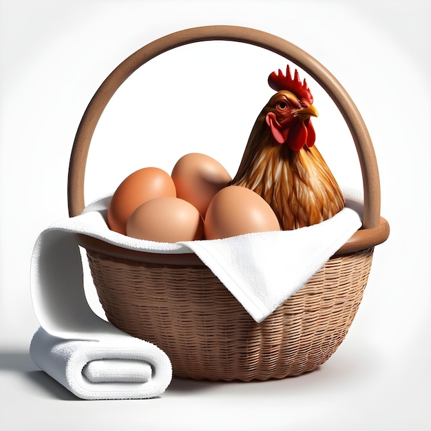 Chicken eggs inside a basket with the towel on a white background