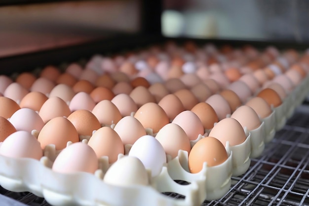 Chicken eggs move along a conveyor in a poultry farm Food industry concept chicken egg production Lots of brown and white chicken eggs