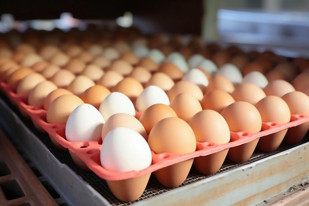 닭고기 달걀은 가금류 농장의 컨베이어를 따라 이동합니다. 식품 산업 개념 닭고기 달걀 생산 갈색과 흰색 닭고기 달걀이 많이 있습니다