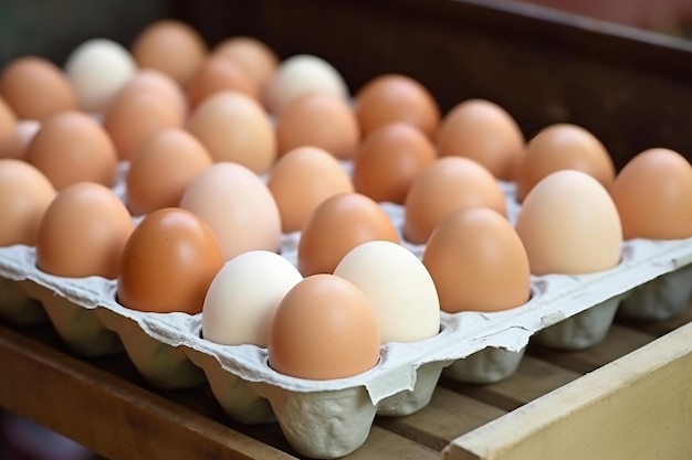 Chicken eggs move along a conveyor in a poultry farm Food industry concept chicken egg production Lots of brown and white chicken eggs