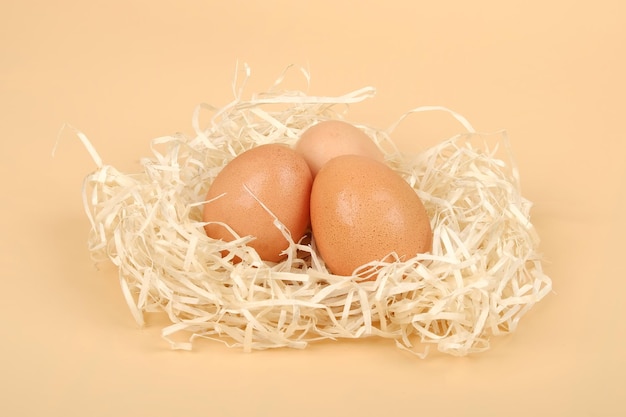 Uova di gallina nel concetto di uova di pasqua del primo piano del nido