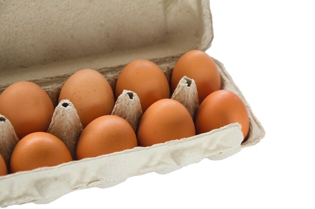 Chicken eggs in pulp egg carton isolated on white\
background