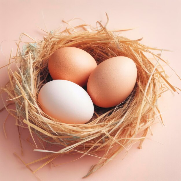 Chicken eggs in a straw nest on solid pastel background ai generative