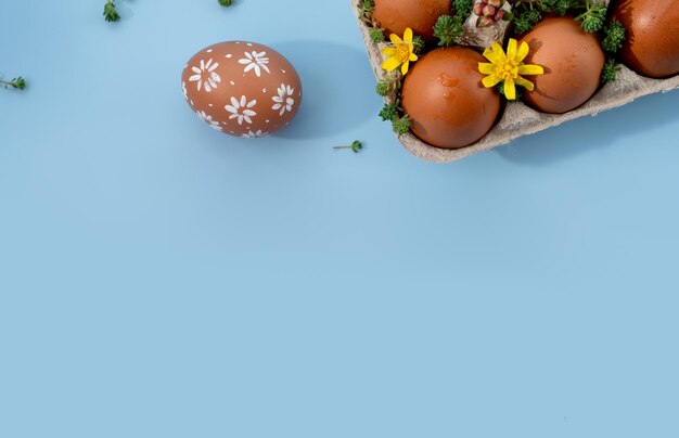 chicken eggs in a tray on a blue background with flowers holiday concept space for text