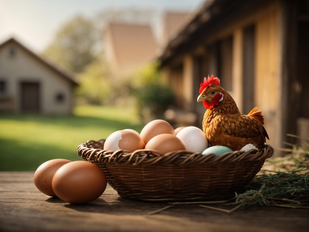 Chicken and eggs in a wicker basket on a wooden background