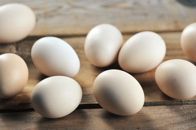 Chicken eggs on wooden rustic