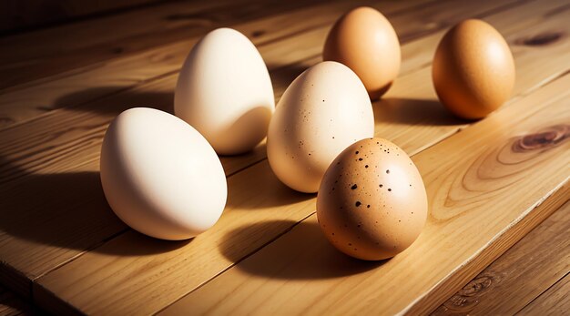 chicken eggs on a wooden tab