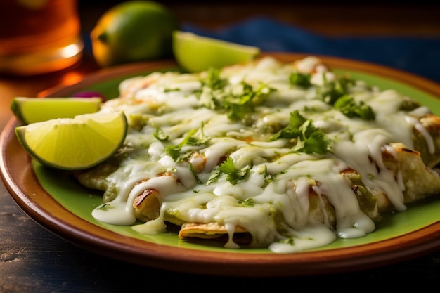 Foto enchiladas di pollo suizas coperte di cremosa salsa di tomatillo