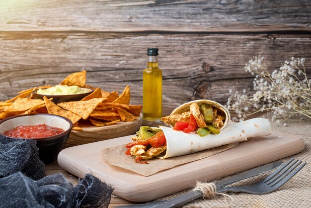 Chicken fajitas with peppers onion spices and guacamole sauce with tortilla chips on a wooden table