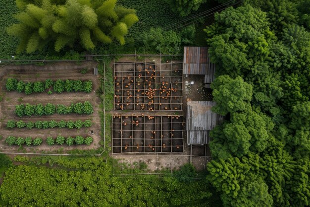 Foto azienda di allevamento di polli istantanea astetica ariel vista dall'alto