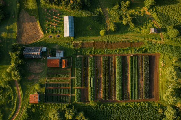 Foto azienda di allevamento di polli istantanea astetica ariel vista dall'alto