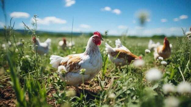 Chicken farm with green grass and clear sky