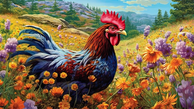 Photo chicken in field of wild flowers generative ai art