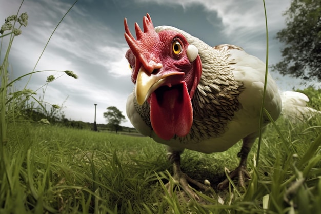 A chicken in a field with a cloudy sky in the background