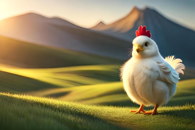 A chicken in a field with mountains in the background