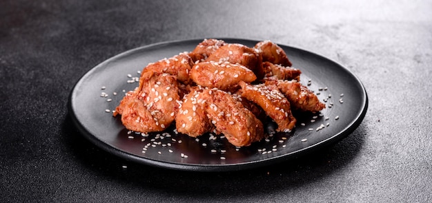 Chicken fillet in sesame seeds, teriyaki sauce on a black stone plate. Asian cuisine