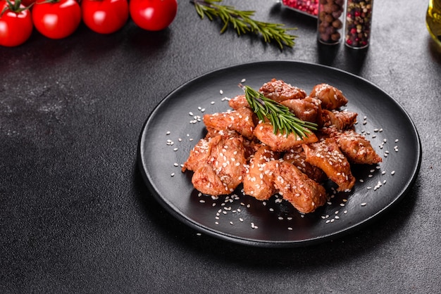 Filetto di pollo in semi di sesamo, salsa teriyaki su un piatto di pietra nera. cucina asiatica