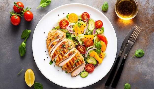 Куриное филе с салатом Здоровое питание кето-диета диета обед концепция обеда Вид сверху Генеративный Ай