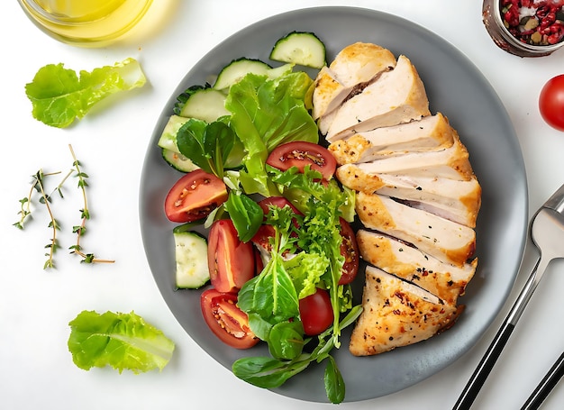 Chicken fillet with salad Healthy food keto diet diet lunch concept Top view on Solid background