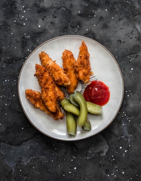 Chicken fingers cornichons and ketchup delicious tapas\
appetizers snack on the dark background top view