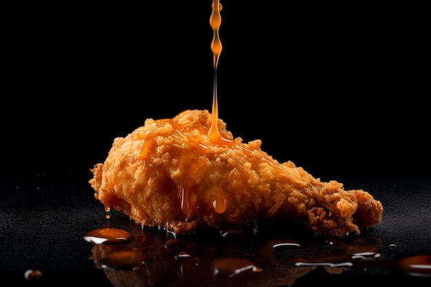 A chicken fried chicken is being poured into a black background.