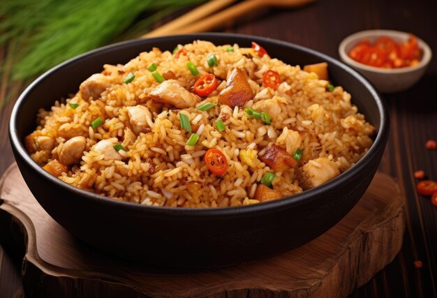 Photo chicken fried rice cooked and presented in a wok with a wooden background captured from above