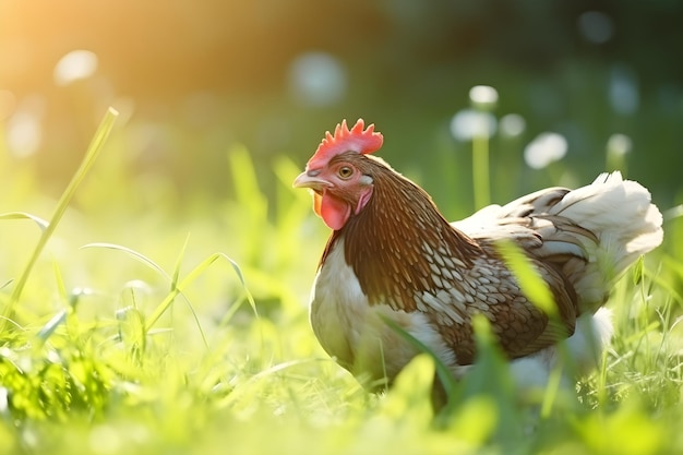 Курица на траве с копировальным пространством, солнечный день Сельское хозяйство и фермерство Генеративный искусственный интеллект