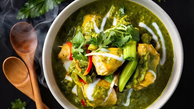 Chicken green curry in a bowl