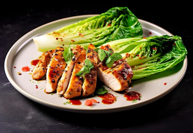 Chicken grill meat served with pak choi vegetables on a plate Generative AI