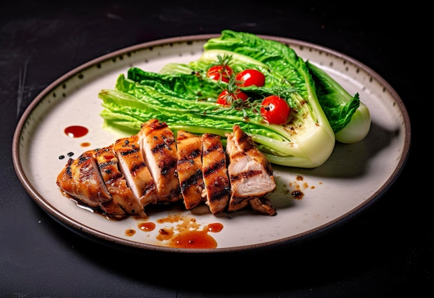 Chicken grill meat served with pak choi vegetables on a plate Generative AI