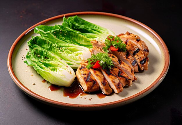 Chicken grill meat served with pak choi vegetables on a plate Generative AI