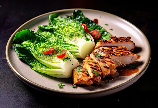 Chicken grill meat served with pak choi vegetables on a plate Generative AI
