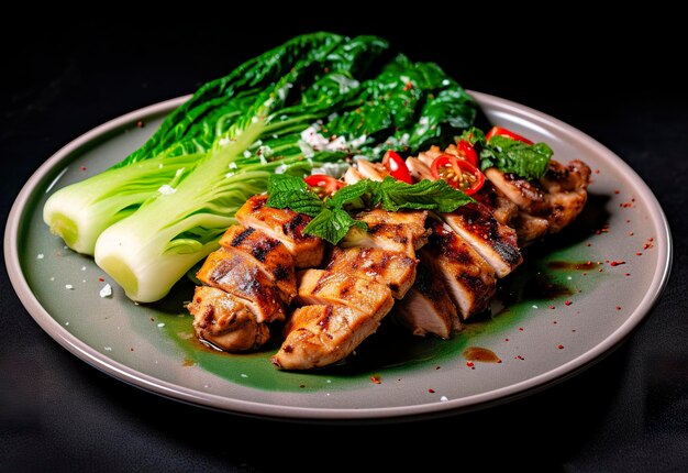 Chicken grill meat served with pak choi vegetables on a plate Generative AI