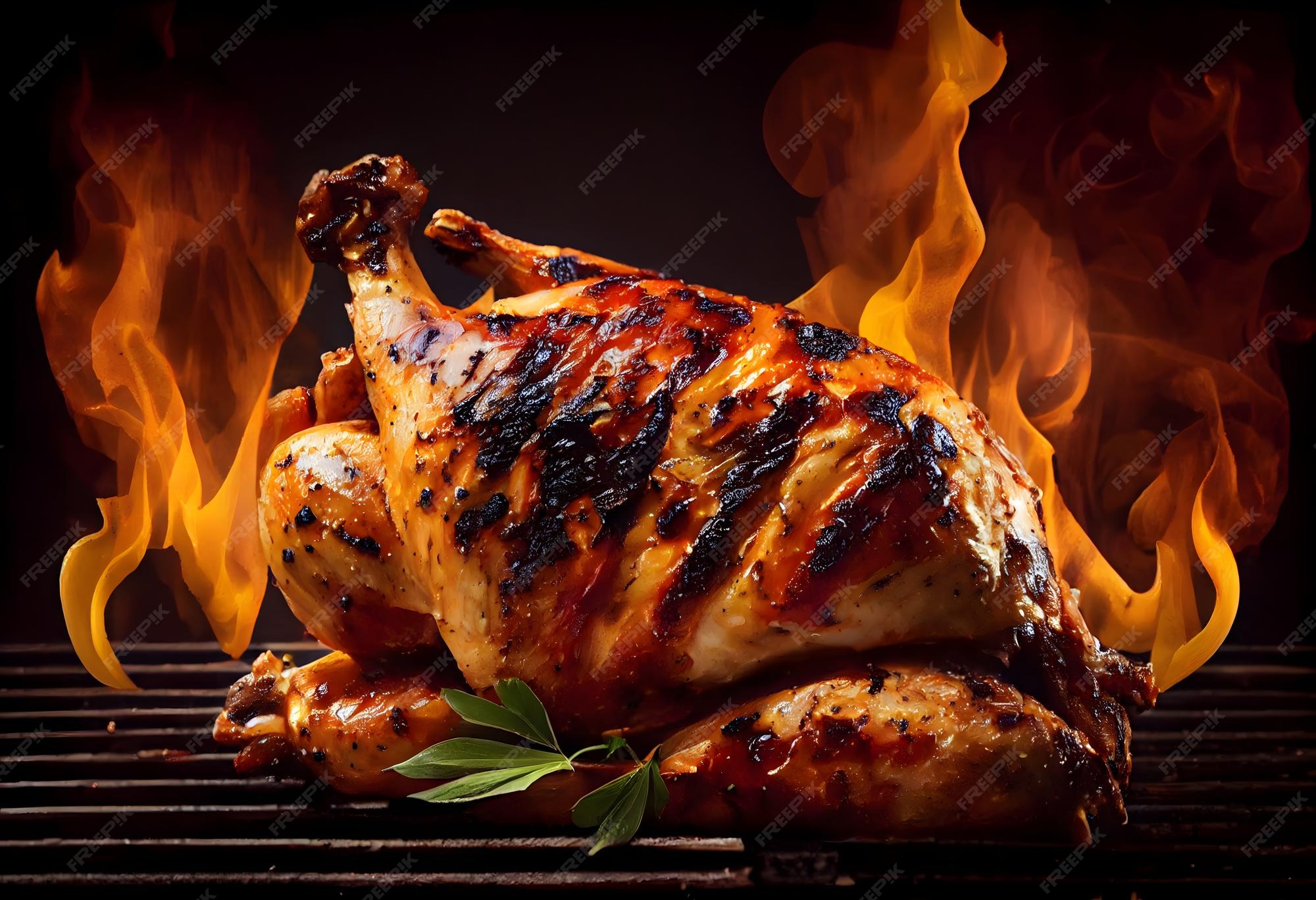 Premium Photo Chicken on grill with blazing fire flame Food and