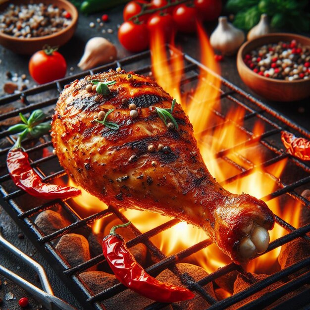 a chicken on a grill with tomatoes and vegetables