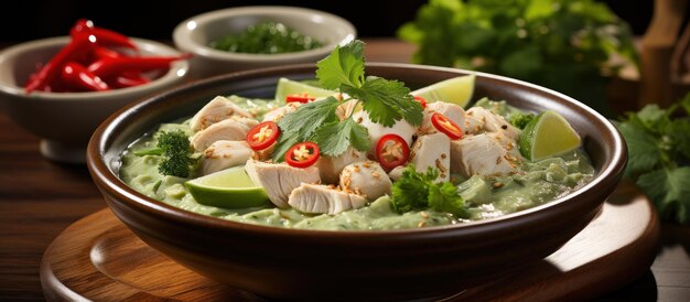 Chicken and guacamole in bowl on wooden table closeup