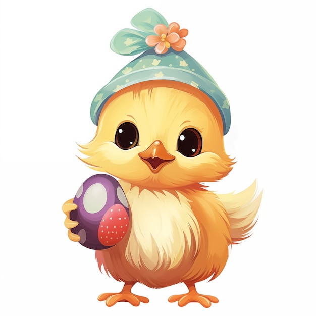 Chicken in hat with painted egg