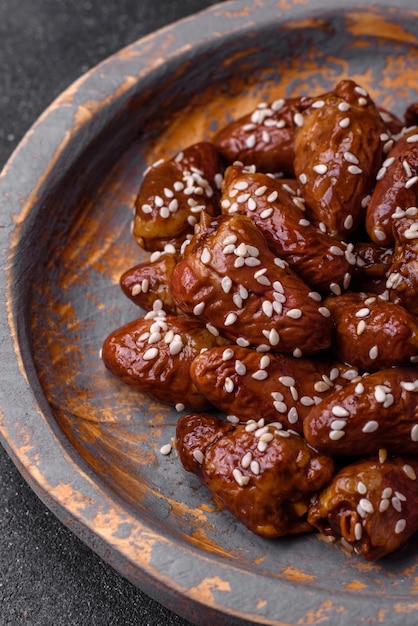 Chicken hearts fried in soy sauce with salt and spices in a plate