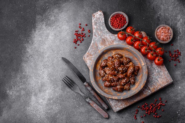 Chicken hearts fried in soy sauce with salt and spices in a plate