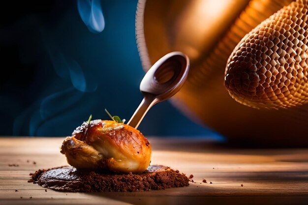 Photo a chicken is being poured into a saucepan