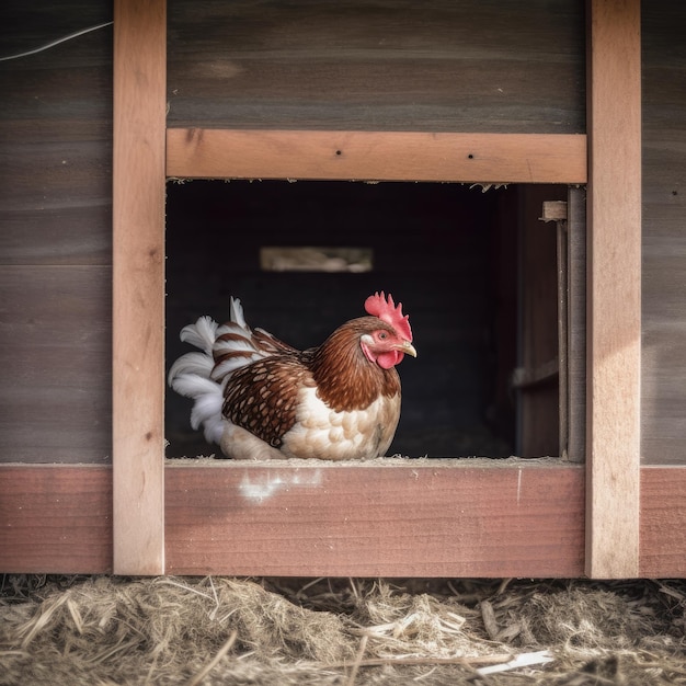 鶏という文字が書かれた鶏小屋に鶏が座っています。